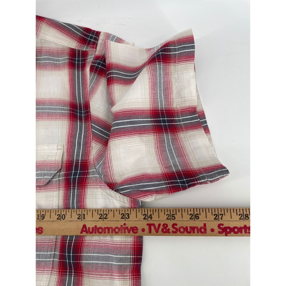 Carhartt Plaid Button Down Mens Large Red Cream Loose Fit Short Sleeve Shirt - Picture 6 of 7